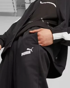 PUMA - Tuta acetata completa da uomo nera e bianca con zip frontale