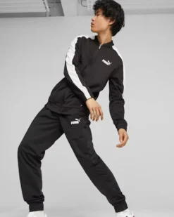 PUMA - Tuta acetata completa da uomo nera e bianca con zip frontale