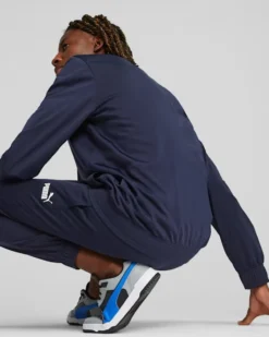PUMA - Tuta acetata completa da uomo blu e bianca con zip frontale