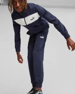 PUMA - Tuta acetata completa da uomo blu e bianca con zip frontale