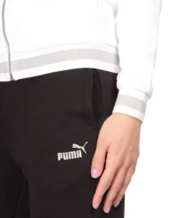 PUMA - Tuta completa da donna bianca e nera con zip frontale e dettagli argento glitter