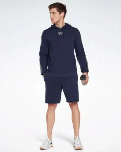 REEBOK - Felpa da uomo blu con cappuccio e banda Reebok sulla manica
