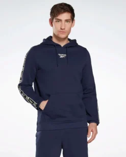 REEBOK - Felpa da uomo blu con cappuccio e banda Reebok sulla manica