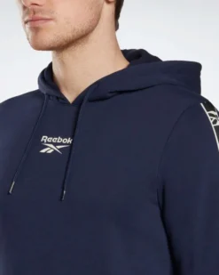 REEBOK - Felpa da uomo blu con cappuccio e banda Reebok sulla manica