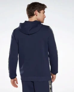 REEBOK - Felpa da uomo blu con cappuccio e banda Reebok sulla manica