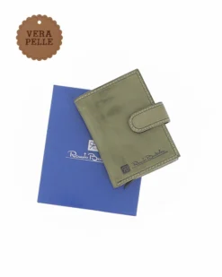 RENATO BALESTRA - Portafoglio verde militare in VERA PELLE da uomo con pattina e taschino posteriore