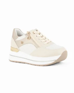 RENATO BALESTRA - Scarpa sneakers beige con soletta estraibile in VERA PELLE, lacci e zip laterale