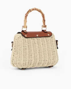 RIFLE - Borsa a mano beige in paglia intrecciata con pattina marrone e manico effetto bambù, tracolla removibile
