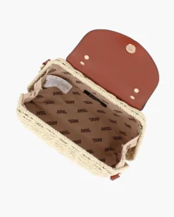 RIFLE - Borsa a mano beige in paglia intrecciata con pattina marrone e manico effetto bambù, tracolla removibile