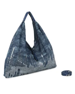 RIFLE - Borsa a sacca in denim blu con paillettes , tracolla removibile