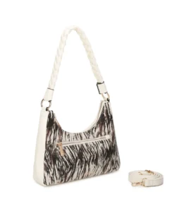 RIFLE - Borsa a spalla animalier beige con manico intrecciato, tracolla removibile