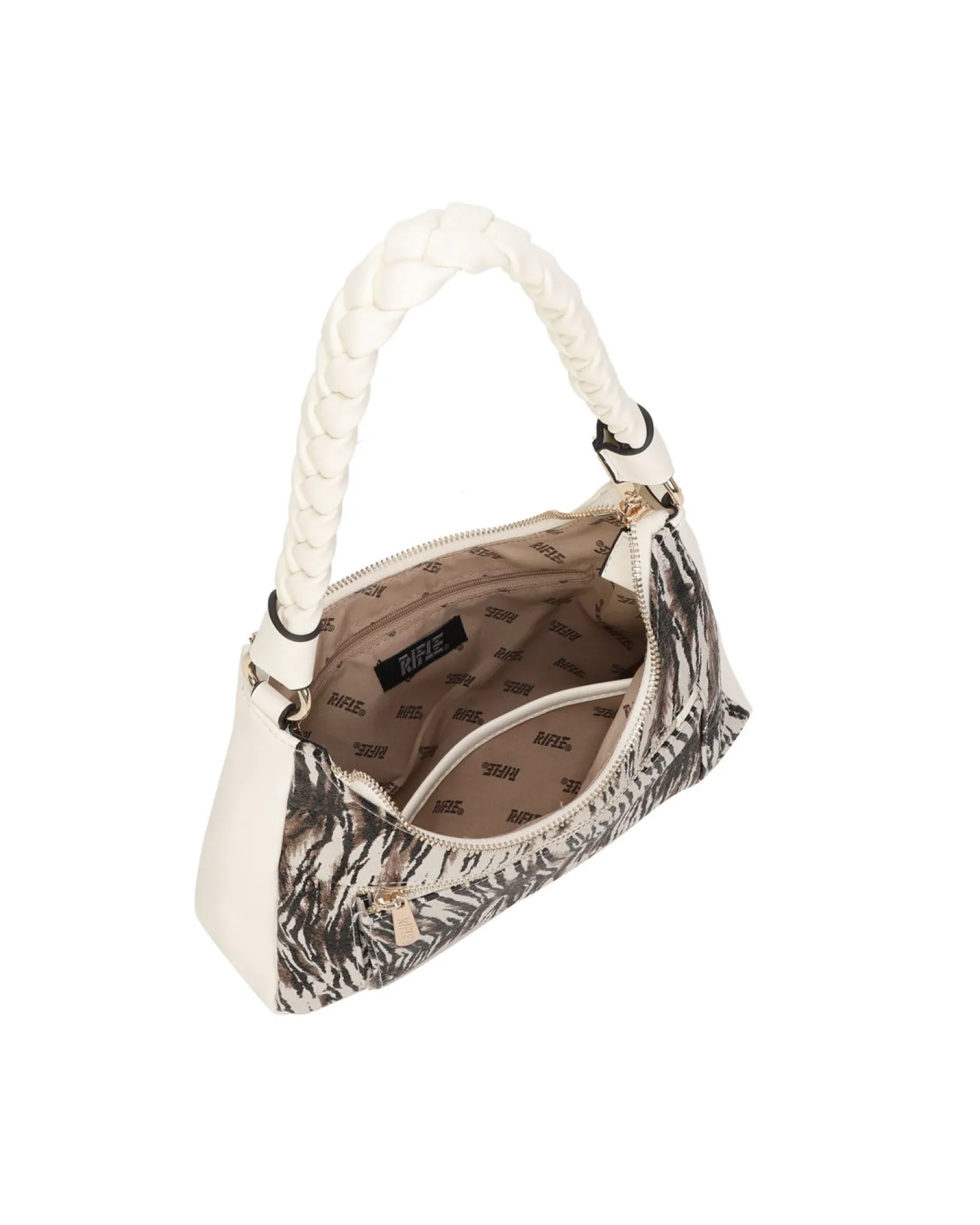 RIFLE - Borsa a spalla animalier beige con manico intrecciato, tracolla removibile