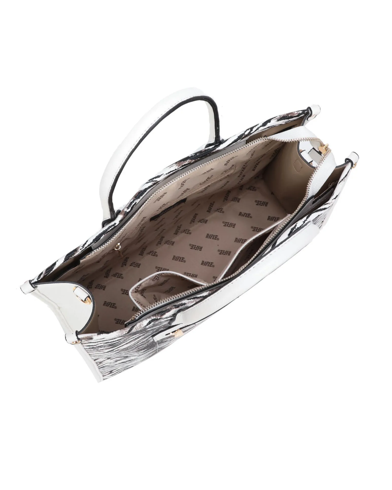 RIFLE - Borsa due manici animalier con tre scomparti principali e tasca frontale, tracolla removibile