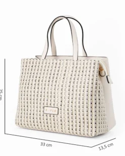 RIFLE - Borsa due manici beige con parte frontale intrecciata, tasca posteriore e tre scomparti interni, tracolla removibile