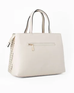RIFLE - Borsa due manici beige con parte frontale intrecciata, tasca posteriore e tre scomparti interni, tracolla removibile