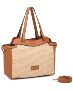 RIFLE - Borsa due manici beige con parte frontale in paglia, tracolla removibile