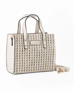 RIFLE - Borsa due manici beige con parte frontale intrecciata, tracolla removibile