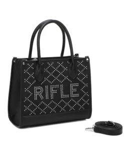RIFLE - Borsa due manici nera con tasca posteriore e strass, tracolla removibile
