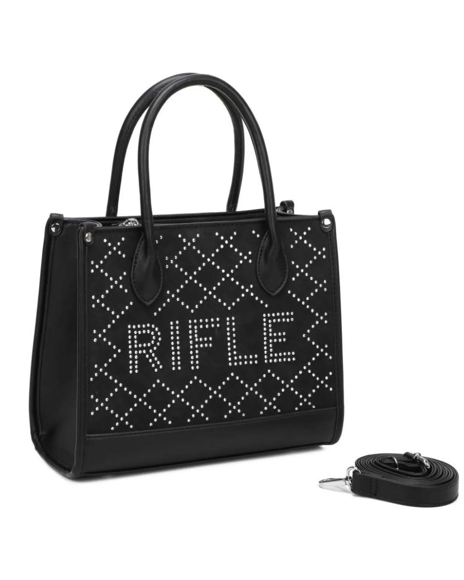 RIFLE - Borsa due manici nera con tasca posteriore e strass, tracolla removibile
