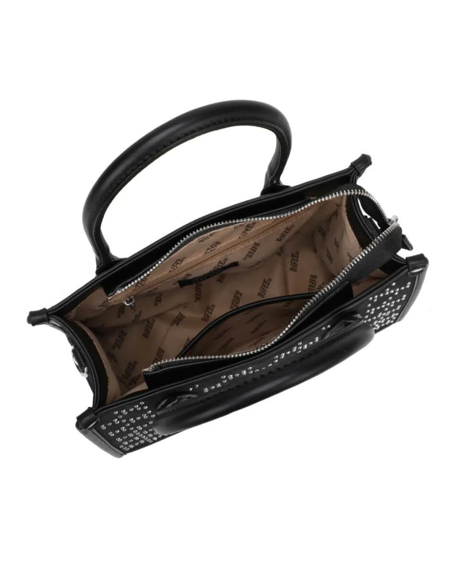 RIFLE - Borsa due manici nera con tasca posteriore e strass, tracolla removibile