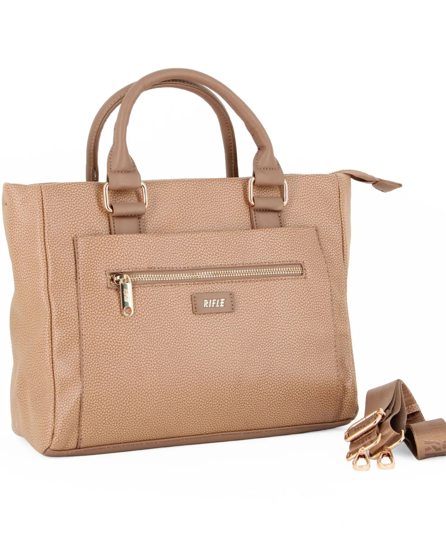 RIFLE - Borsa due manici taupe con doppia tasca frontale, tracolla removibile