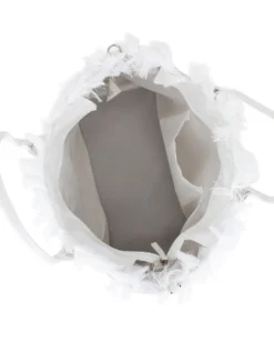RIFLE - Borsa mare in tessuto bianco con frange e logo nero sul davanti, tracolla removibile