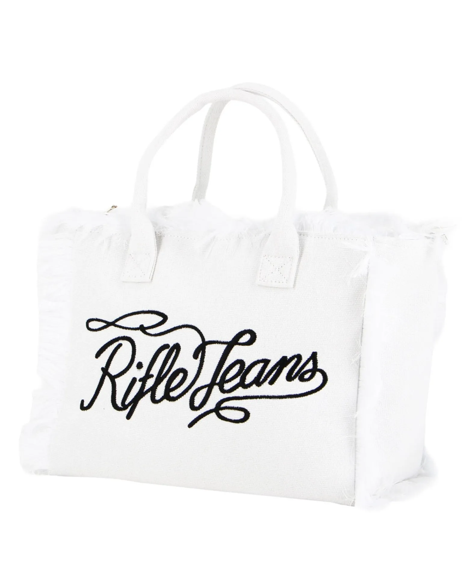 RIFLE - Borsa mare in tessuto bianco con frange e logo nero sul davanti, tracolla removibile