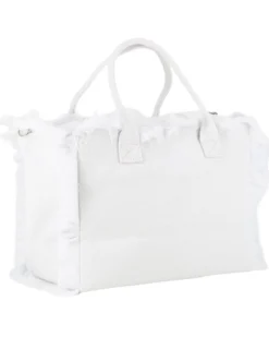 RIFLE - Borsa mare in tessuto bianco con frange e logo nero sul davanti, tracolla removibile