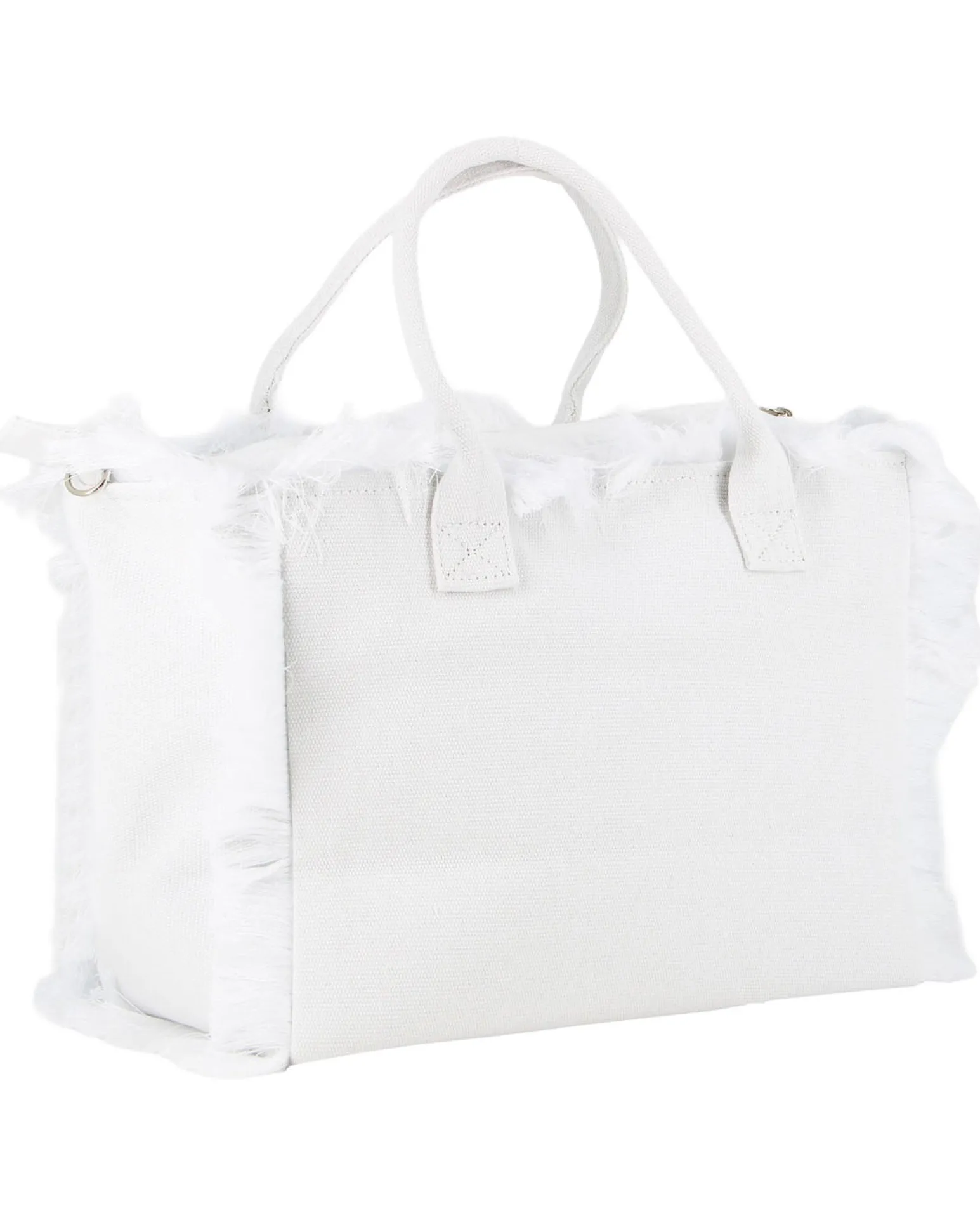 RIFLE - Borsa mare in tessuto bianco con frange e logo nero sul davanti, tracolla removibile