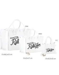 RIFLE - Borsa mare in tessuto bianco con frange e logo nero sul davanti, tracolla removibile