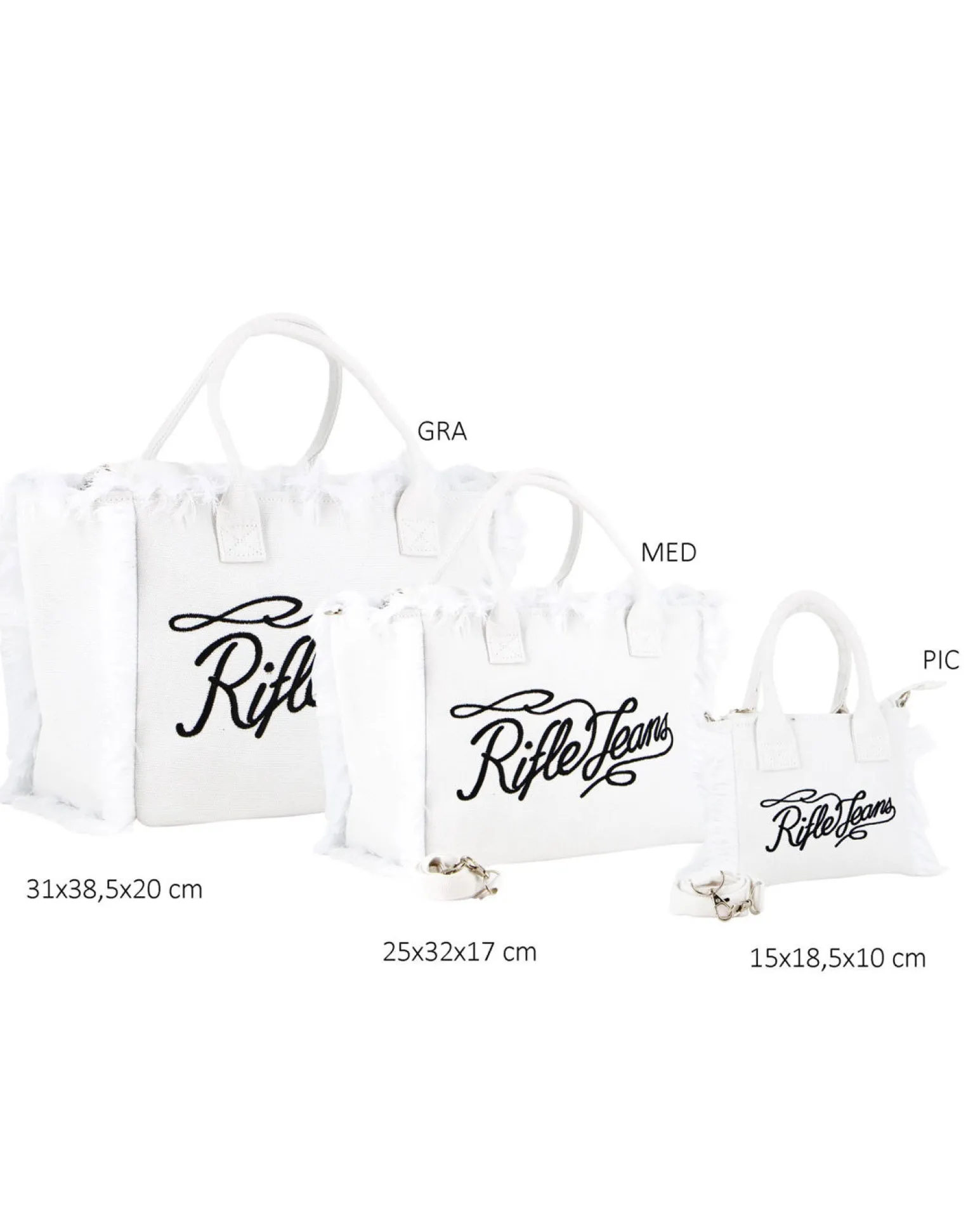 RIFLE - Borsa mare in tessuto bianco con frange e logo nero sul davanti, tracolla removibile