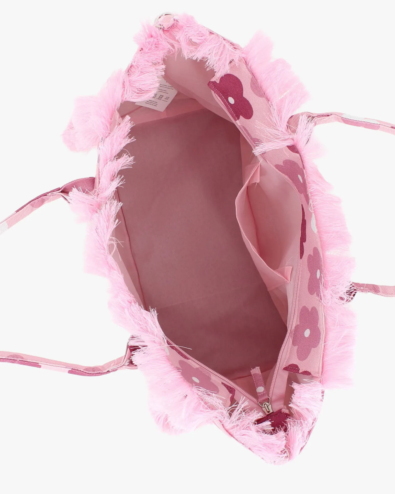RIFLE - Borsa mare in tessuto rosa con stampa floreale e bordi sfrangiati, tracolla removibile