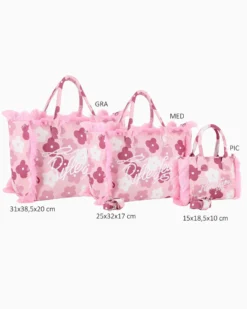 RIFLE - Borsa mare in tessuto rosa con stampa floreale e bordi sfrangiati, tracolla removibile