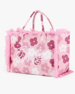 RIFLE - Borsa mare in tessuto rosa con stampa floreale e bordi sfrangiati, tracolla removibile