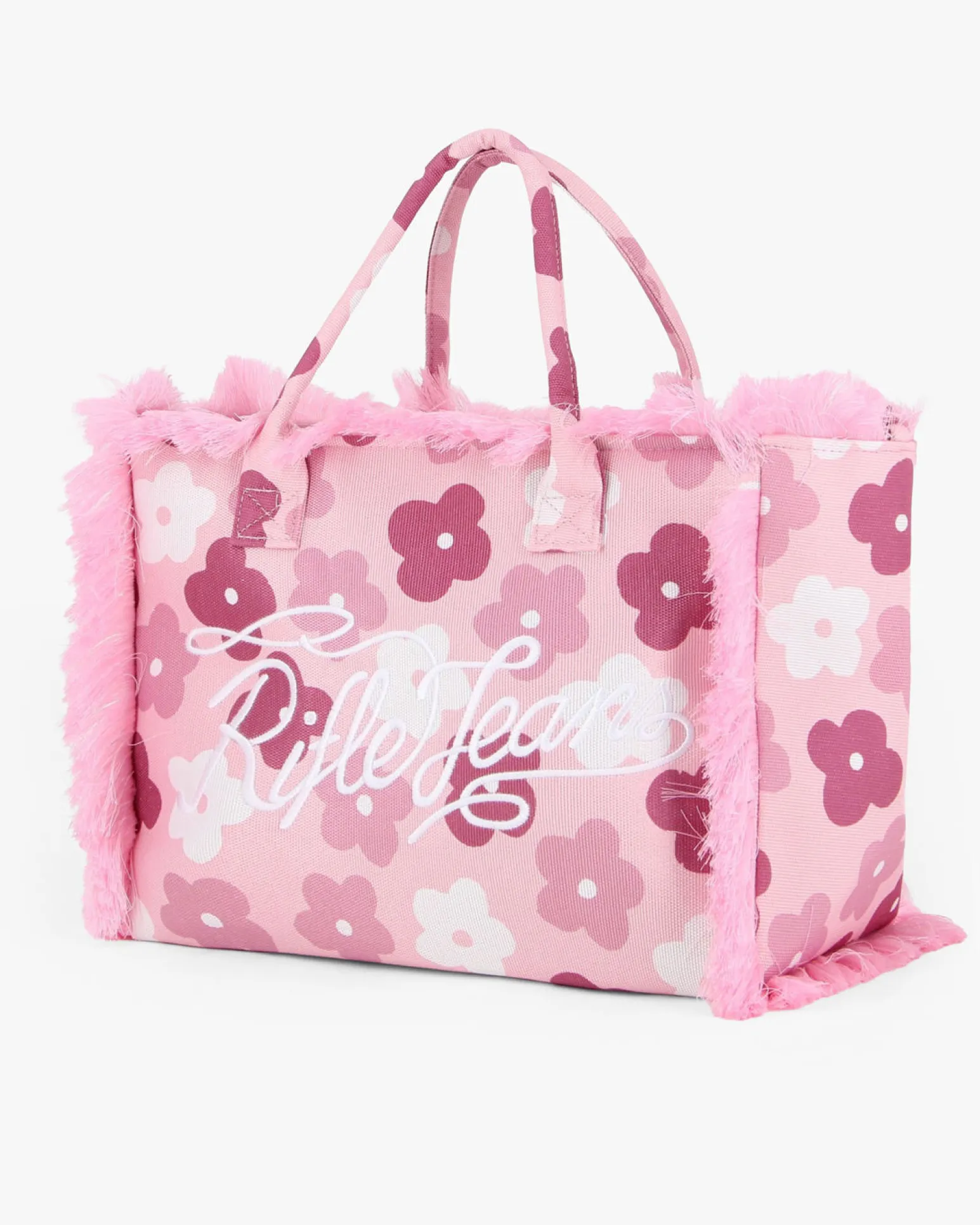 RIFLE - Borsa mare in tessuto rosa con stampa floreale e bordi sfrangiati, tracolla removibile