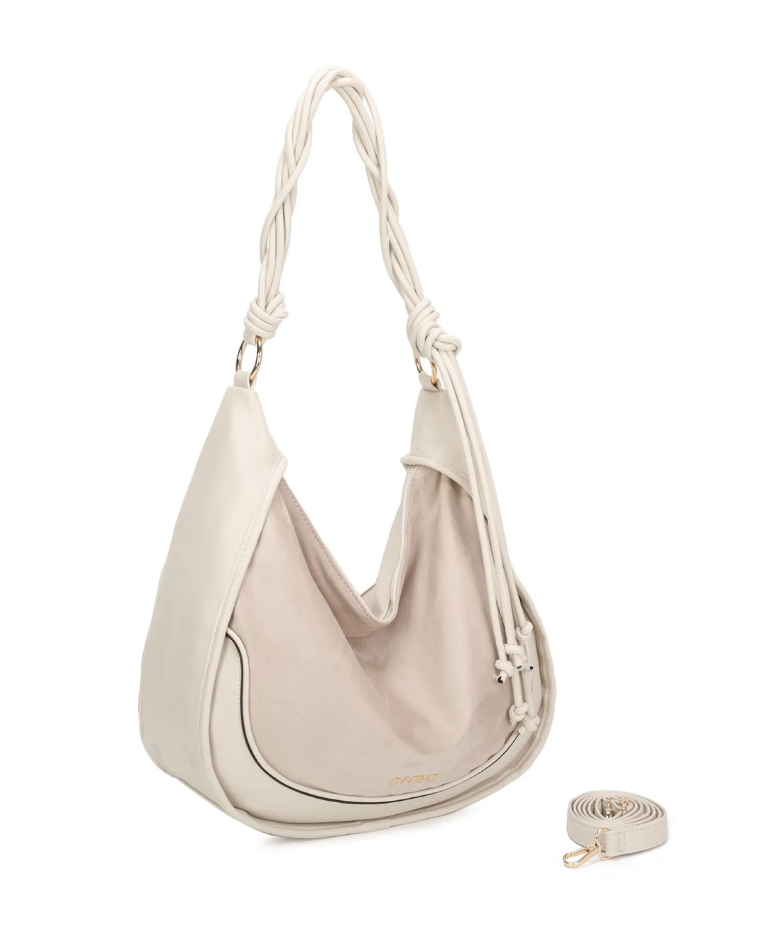 RIFLE - Borsa sacca beige con parte frontale scamosciata e manico intrecciato , tracolla removibile