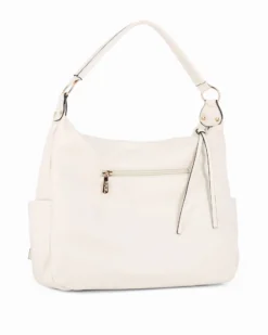 RIFLE - Borsa sacca beige logata con zip frontali, vericali e tasche laterali, tracolla removibile