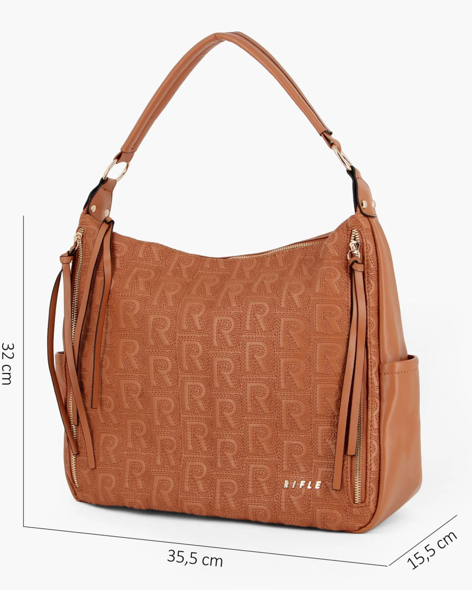 RIFLE - Borsa sacca cuoio logata con zip frontali, vericali e tasche laterali, tracolla removibile