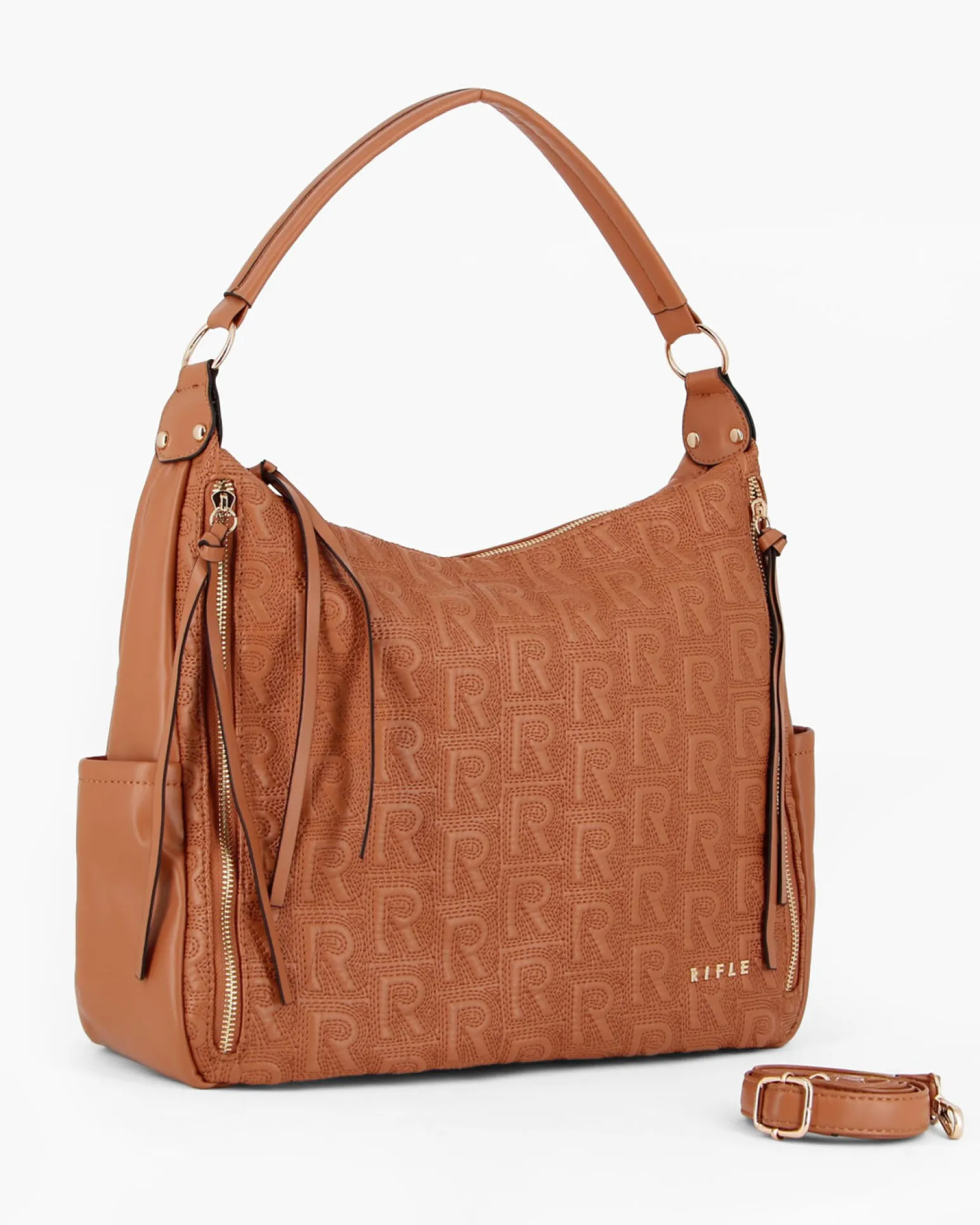RIFLE - Borsa sacca cuoio logata con zip frontali, vericali e tasche laterali, tracolla removibile