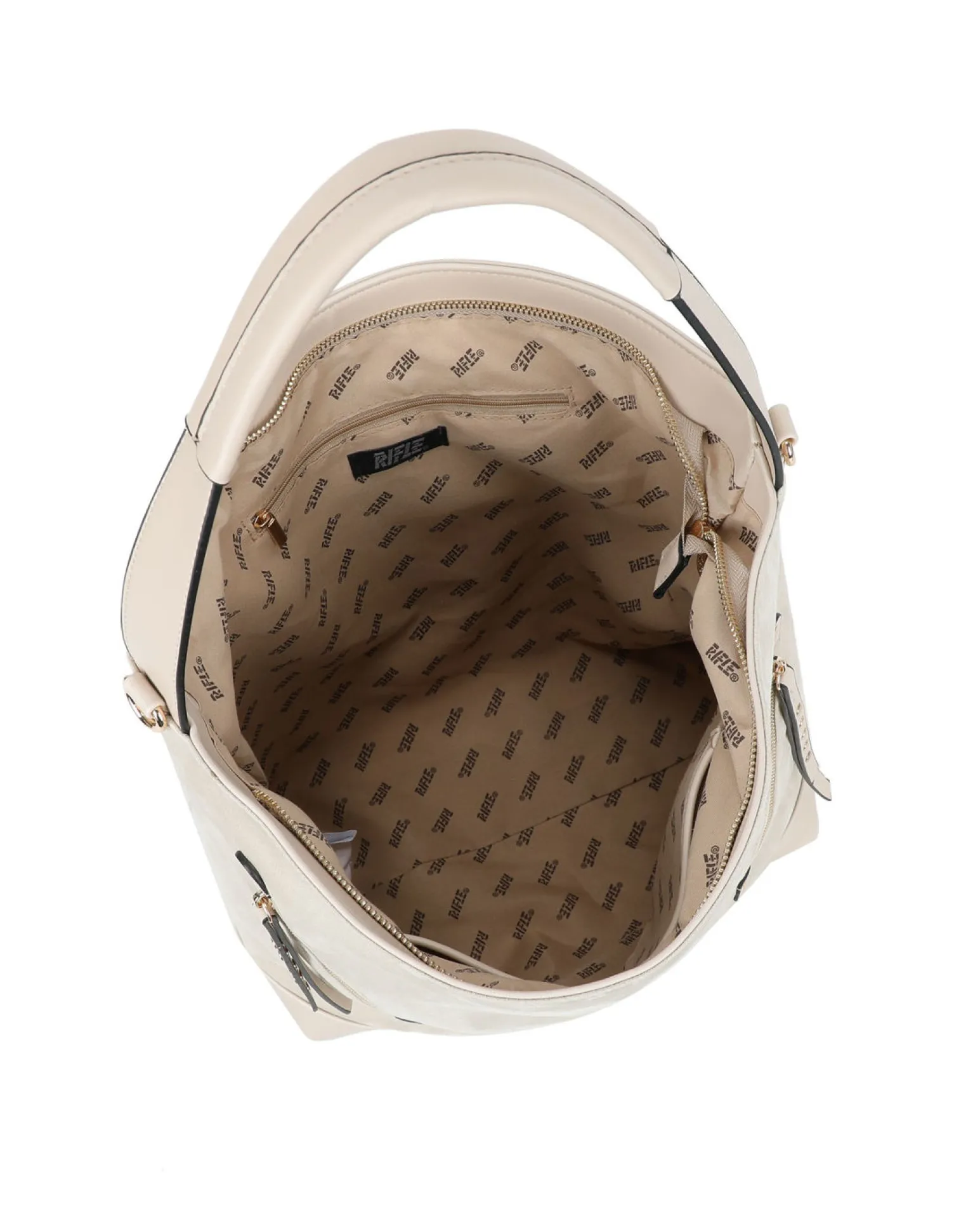 RIFLE - Borsa sacca naturale con tasche frontali e mini pattina con borchie, tracolla removibile
