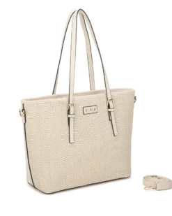 RIFLE - Borsa shopping beige con parte frontale effetto paglia e tasca posteriore, tracolla removibile