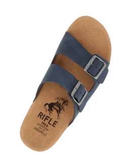 RIFLE - Ciabatta blu da uomo con doppia fibbia e sottopiede in VERA PELLE