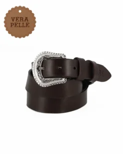 RIFLE - Cinta da donna marrone in VERA PELLE con fibbia lavorata - MADE IN ITALY