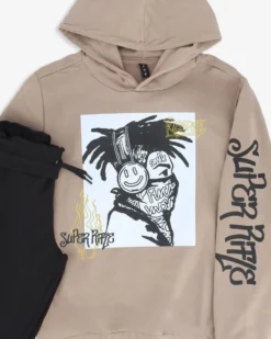 RIFLE - COMPLETO TUTA FELPA TAUPE CON CAPPUCCIO E STAMPA DA RAGAZZO