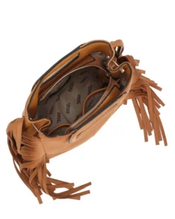 RIFLE - Minibag camel scamosciata con frange, tracolla removibile