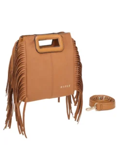 RIFLE - Minibag camel scamosciata con frange, tracolla removibile