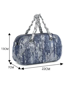 RIFLE - Minibag in denim trapuntato con paillettes argentate e manici a catena intrecciata , tracollina removibile