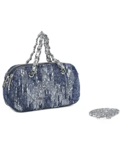 RIFLE - Minibag in denim trapuntato con paillettes argentate e manici a catena intrecciata , tracollina removibile