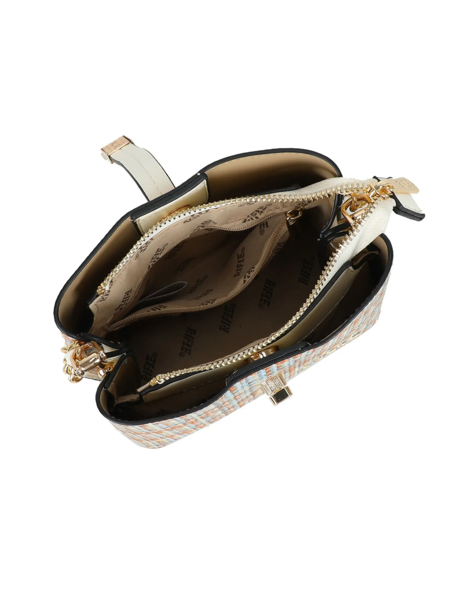 RIFLE - Minibag multicolor effetto intreccio con tre scomparti principali e pattina con chiusura a girello, tracolla removibile
