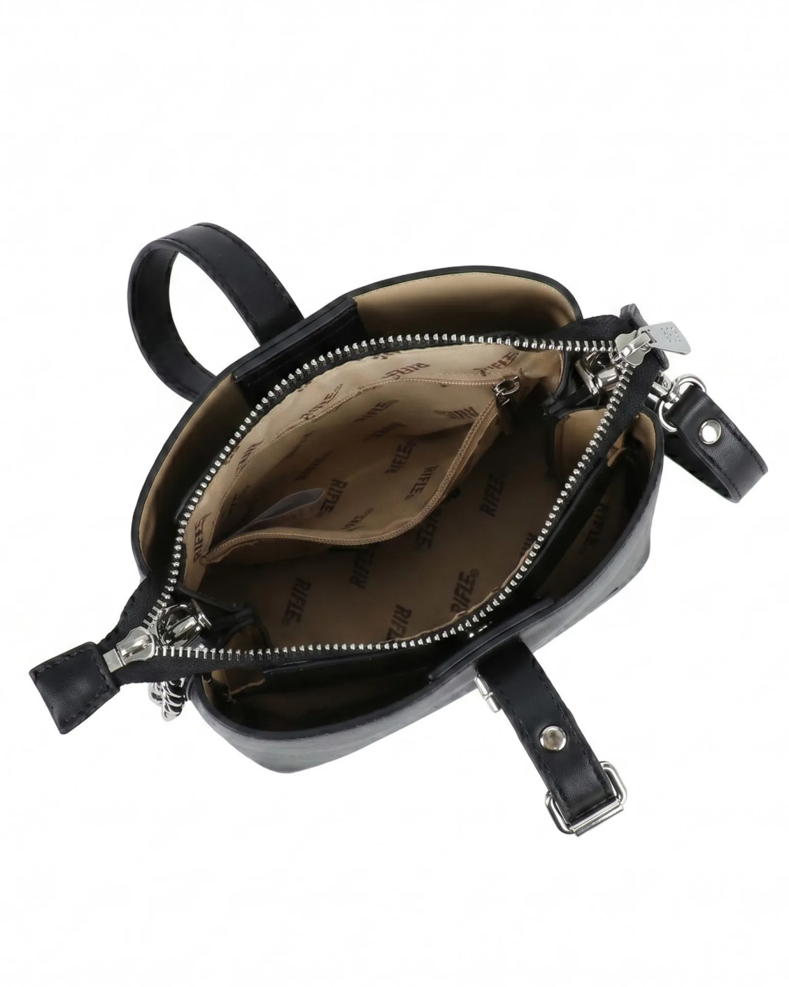 RIFLE - Minibag nera con tre scomparti principali e pattina con chiusura a girello, tracolla removibile